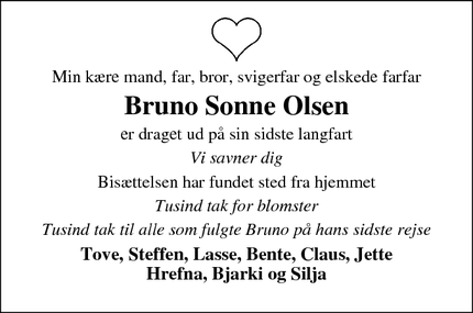 Dødsannoncen for Bruno Sonne Olsen - Dianalund