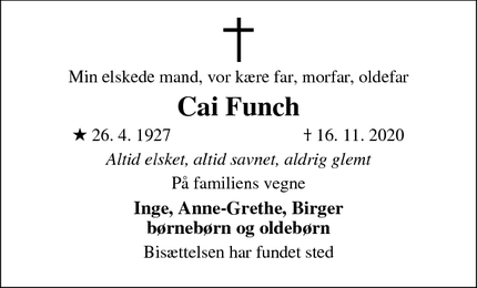 Dødsannoncen for Cai Funch - Taastrup