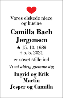 Dødsannoncen for Camilla Bach
Jørgensen - Herning