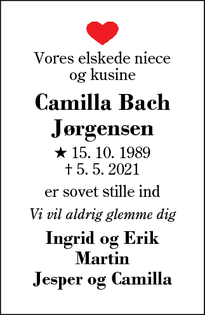 Dødsannoncen for Camilla Bach
Jørgensen - Herning