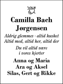 Dødsannoncen for Camilla Bach Jørgensen - Herning