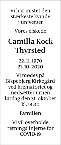 Dødsannoncen for Camilla Kock
Thyrsted - København