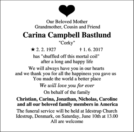 Dødsannoncen for Carina Campbell Bastlund - Idestrup