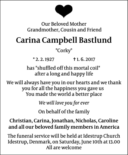 Dødsannoncen for Carina Campbell Bastlund - Idestrup