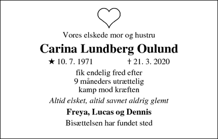 Dødsannoncen for Carina Lundberg Oulund - Frederikssund
