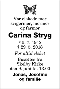 Dødsannoncen for Carina Stryg - Skelby