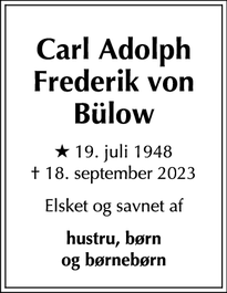Dødsannoncen for Carl Adolph
Frederik von
Bülow - Nakskov