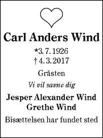 Dødsannoncen for Carl Anders Wind - Gråsten