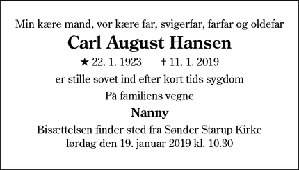 Dødsannoncen for Carl August Hansen - Haderslev