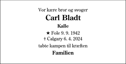 Dødsannoncen for Carl Bladt - Calgary