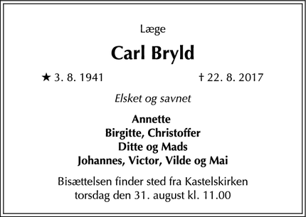 Dødsannoncen for Carl Bryld - Køben