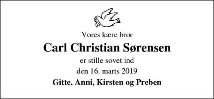 Dødsannoncen for Carl Christian Sørensen - Karup J