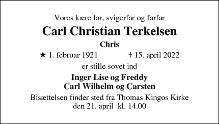 Dødsannoncen for Carl Christian Terkelsen - Odense m