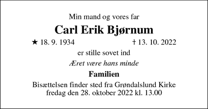 Dødsannoncen for Carl Erik Bjørnum - Hellerup