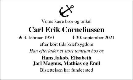 Dødsannoncen for Carl Erik Corneliussen - Århus