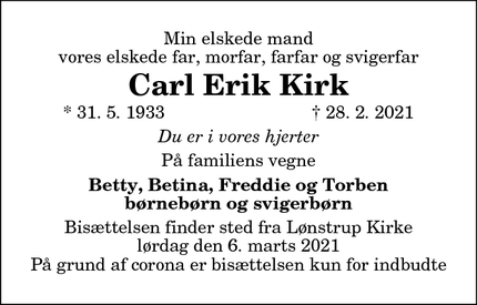 Dødsannoncen for Carl Erik Kirk - Lønstrup