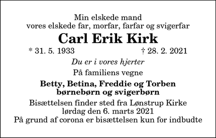 Dødsannoncen for Carl Erik Kirk - Lønstrup