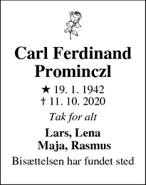 Dødsannoncen for Carl Ferdinand Prominczl - Kastrup