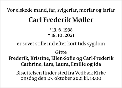Dødsannoncen for Carl Frederik Møller - Skodsborg