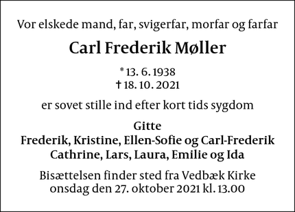 Dødsannoncen for Carl Frederik Møller - Skodsborg