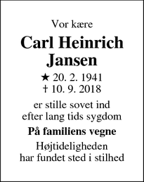 Dødsannoncen for Carl Heinrich Jansen - Åbenrå