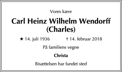 Dødsannoncen for Carl Heinz Wilhelm Wendorff (Charles) - Frederiksberg
