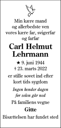 Dødsannoncen for Carl Helmut
Lehrmann - Gråsten 