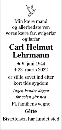 Dødsannoncen for Carl Helmut
Lehrmann - Gråsten