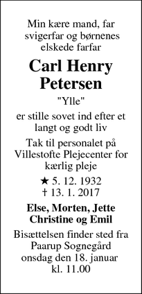 Dødsannoncen for Carl Henry Petersen - Odense