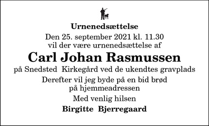 Dødsannoncen for Carl Johan Rasmussen - Snedsted