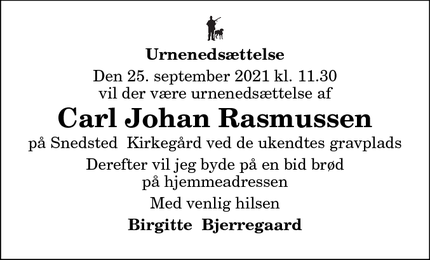 Dødsannoncen for Carl Johan Rasmussen - Snedsted