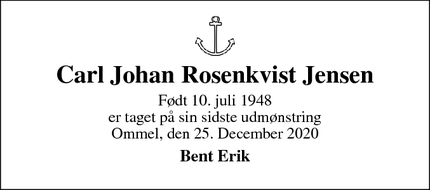 Dødsannoncen for Carl Johan Rosenkvist Jensen - Marstal