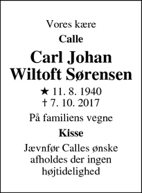 Dødsannoncen for Carl Johan Wiltoft Sørensen - Aarhus