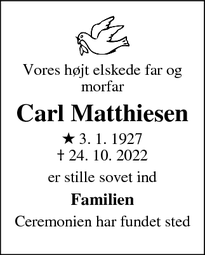 Dødsannoncen for Carl Matthiesen - Aabenraa