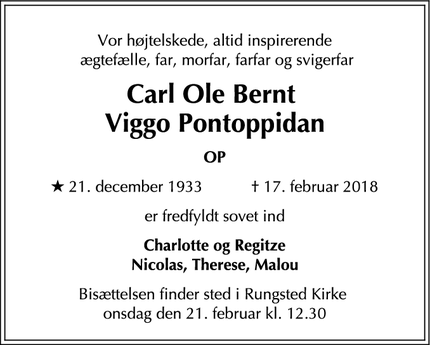 Dødsannoncen for Carl Ole Bernt 
Viggo Pontoppidan - Hørsholm
