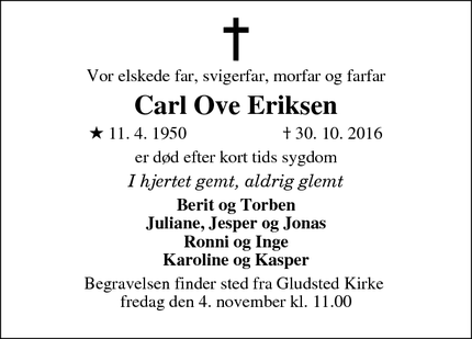 Dødsannoncen for Carl Ove Eriksen - Gludsted