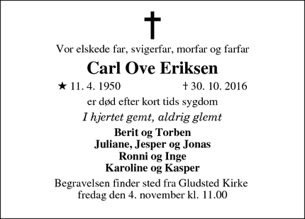 Dødsannoncen for Carl Ove Eriksen - Gludsted