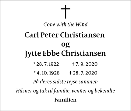 Dødsannoncen for Carl Peter Christiansen
og
Jytte Ebbe Christianse - Århus
