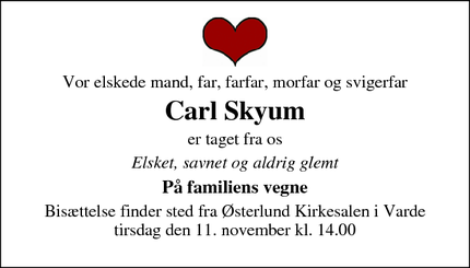 Dødsannoncen for Carl Skyum - Billum