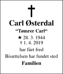 Dødsannoncen for Carl Østerdal - Odder