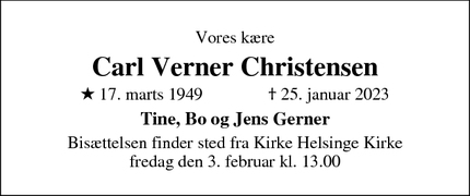 Dødsannoncen for Carl Verner Christensen - Kirke Helsinge