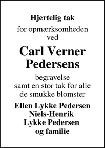 Dødsannoncen for Carl Verner Pedersens - Nørre Søby