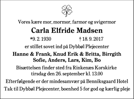 Dødsannoncen for Carla Elfride Madsen - Rinkenæs