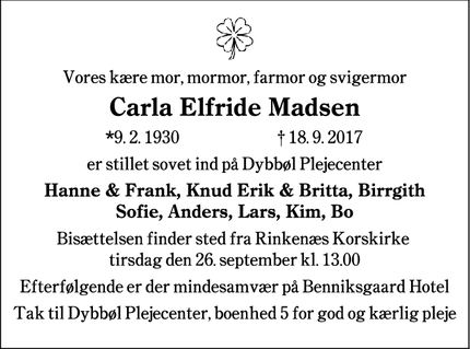 Dødsannoncen for Carla Elfride Madsen - Rinkenæs