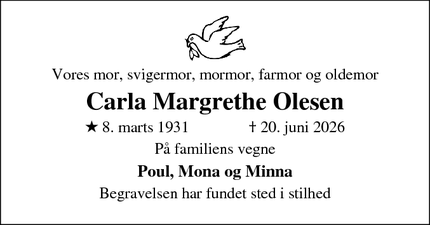 Dødsannoncen for Carla Margrethe Olesen - Kolind