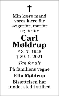 Dødsannoncen for Carl
Møldrup - Veddum 