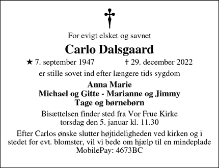 Dødsannoncen for Carlo Dalsgaard - Stoholm Jyll