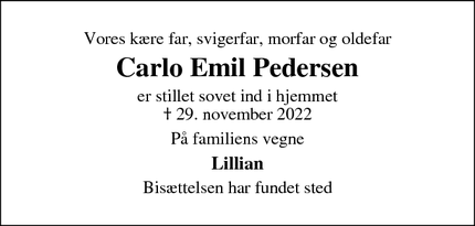 Dødsannoncen for Carlo Emil Pedersen - Gram