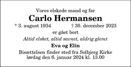 Dødsannoncen for Carlo Hermansen - Solbjerg