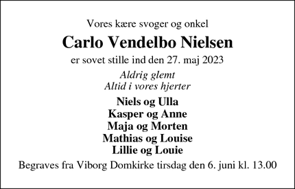 Dødsannoncen for Carlo Vendelbo Nielsen - Viborg